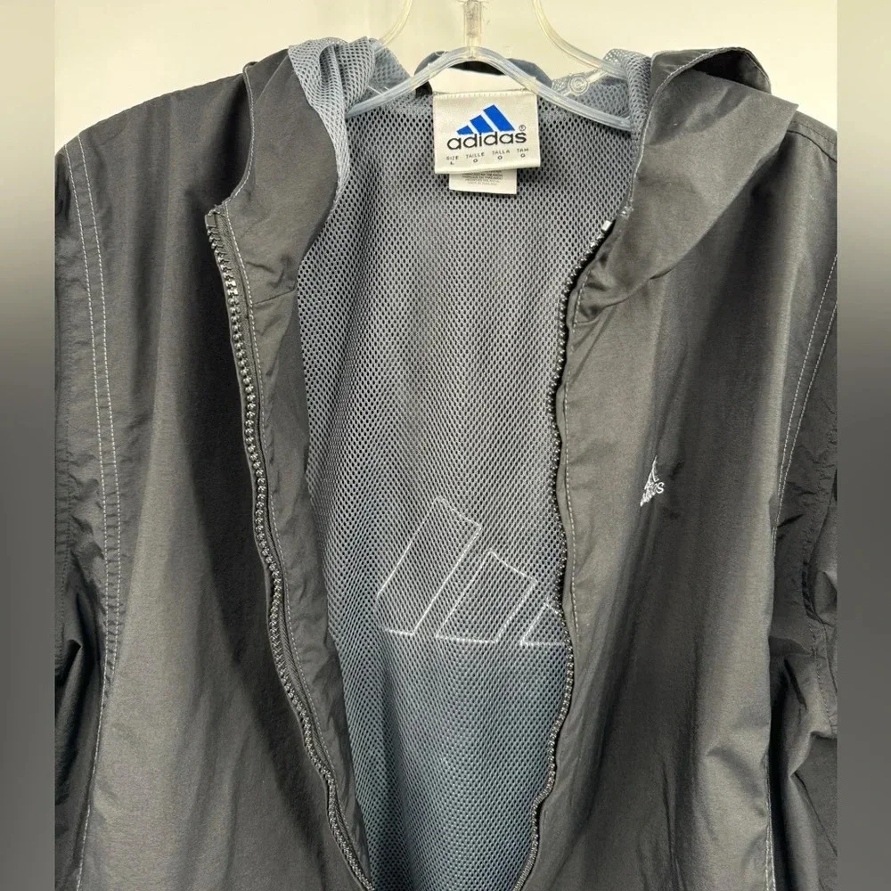 Vintage Adidas Black Windbreaker Jacket Full Zip Hooded Men Size L Back Logo